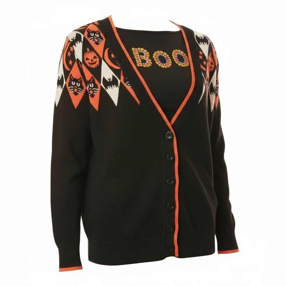 NWOT UNIQUE VINTAGE HALLOWEEN PUMPKIN ARGYLE BLACK CARDIGAN WOMEN'S XXL